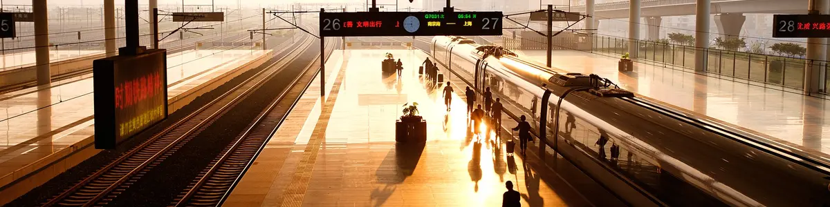 Platforms and a high-speed train at Nanjing South railway station, China.